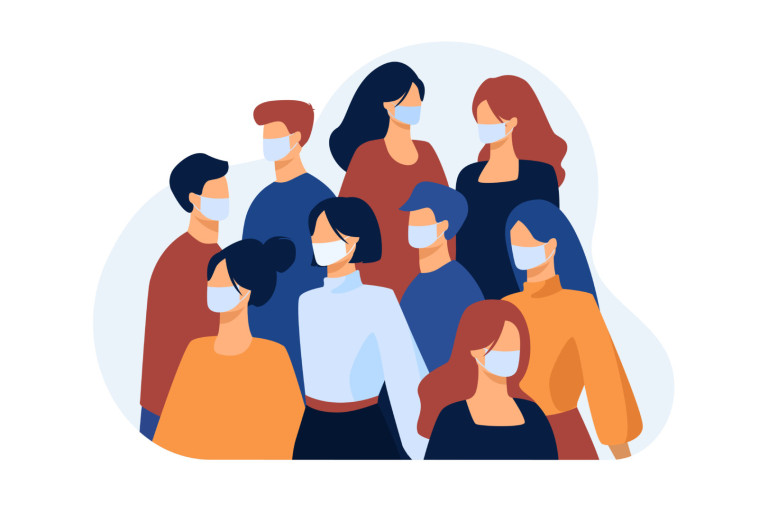 Crowd of people wearing face medical masks outside. Infection spread prevention in society. Vector illustration for coronavirus outbreak, safety, quarantine, disease concept Crowd of people wearing face medical masks outside
