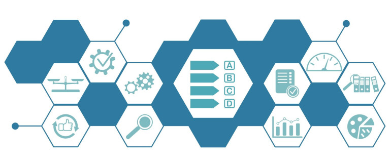 Concept of assessment with connected icons Concept of assessment