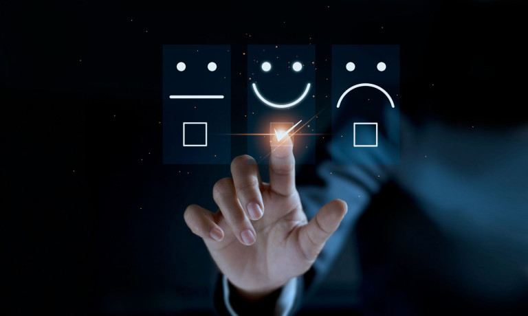 Finger of businessman touching and check mark icon face emoticon smile on dark background, service mind, service rating. Satisfaction and customer service concept Finger of businessman touching and check mark icon face emoticon smile on dark background, service mind, service rating. Satisfaction and customer service concept